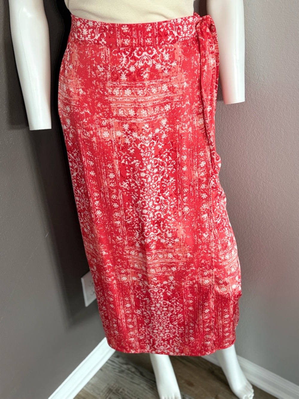 Rachel Zoe Red and White Printed Tie-Waist Midi Skirt